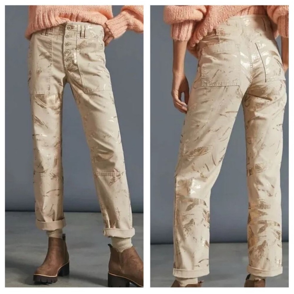 Anthropologie The Wanderer Utility Button Fly Khaki/Gold Splatter.  Like New 27